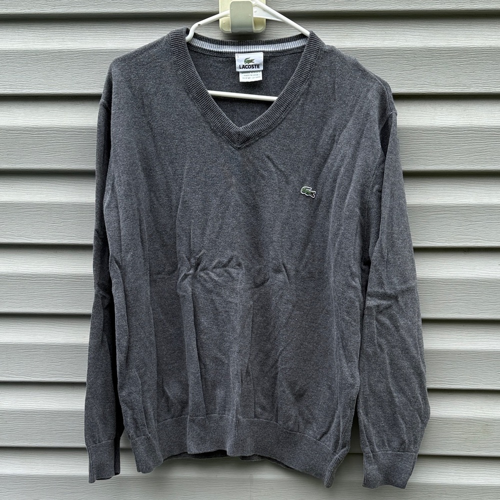 Lacoste‎ Mens Pullover V-neck Sweater Gray Cotton Logo Size 6 XL F5178